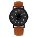 Orologio minimalista con cinturino in pelle marrone e quadrante nero a doppia scala - caffè