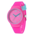 Close-up of pink silicone watch featuring light blue numerals and analog display - Magenta