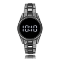 Fashionable black LED watch for women with rhinestone bezel and metal chain band - Black