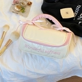 Cream satin makeup bag with pink bow accents and 'Wonderful softness' embroidery - Small / White