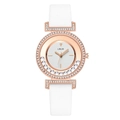 Women's quartz watch with white leather strap and crystal rose gold case detail - White