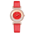 Women's quartz watch with red leather strap, rose gold crystal bezel and moving dial stones - Red