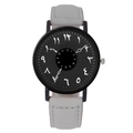 Minimalist quartz watch with Eastern Arabic numerals and grey faux leather strap - Grey Strap Black Dial