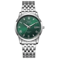 Detail of silver steel link bracelet and deep green dial with Roman numeral date window - Silver Green Face