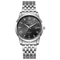 Detail of grey sunray dial with Roman numerals and date window on a steel watch - Silver Band Black Dial