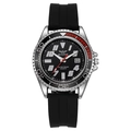 Detalle de reloj de buceo de cuarzo con correa de silicona negra y lupa de fecha - Negro Rojo