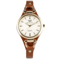 Women's punk style quartz watch with brown leather strap and gold case on white background - Light Coffee