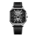 Men's square silver quartz watch with black textured dial and leather strap - Silver Case Silver Needle