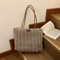 Fuzzy beige striped tote bag with plush texture and cherry patch for casual autumn wear - Coffee