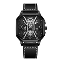 Men's square quartz watch with black leather strap and multi-dial industrial design - Black Case Silver Needle
