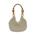 Sac à main en fausse fourrure beige avec anses en perles de bois pour tenues d'hiver - Kaki