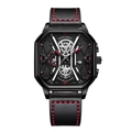 Square fashion men's watch with double-layered black dial and red stitched leather strap - Black Case Red Needle