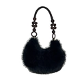 Sac hobo en fausse fourrure noire avec poignées en perles de bois pour l'hiver - Noir