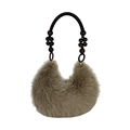 Sac à main croissant en fausse fourrure taupe avec anses en corde et perles en bois - café