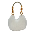 White fuzzy faux fur croissant bag with decorative wooden beads and woven handle - Off White