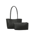 Klassische schwarze gewebte Shopper-Tasche und Leder-Pouch-Set mit schmalen Schultergurten - Ohne Anhänger (Tragetasche Und Tasche) / Schwarz