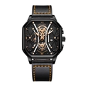 YOLAKO Men's black octagonal quartz watch with leather strap and rose gold hands - Black Case Rose Gold Needle
