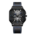 Men's square quartz watch featuring a black dial and black leather strap with blue stitching - Black Case Blue Hands