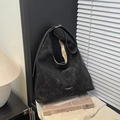 Retro black oversized hobo tote bag in distressed leather texture with white logo - With Pendant / Black