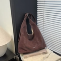Vintage large dark brown suede tote bag with minimalist logo for autumn fashion - With Pendant / Burgundy