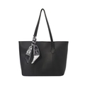 Minimalist black leather tote bag with stylish patterned silk scarf decoration - Black With Silk Scarf