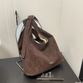 Large dark brown suede tote bag with minimalist shoulder strap and slouchy design - With Pendant / Brown