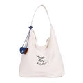 Borsa tote in tela bianca minimalista con tipografia e ciondolo in pelle blu - Bianco