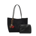 Grand sac cabas noir en daim avec pompon décoratif et petite pochette assortie - Avec Pendentif / Noir