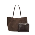 Braunes Wildleder Shopper-Set mit dunkelbraunem Leder-Reißverschlussetui und Trageriemen - Ohne Anhänger / Kaffeebraun
