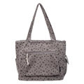 Grey corduroy tote bag with heart and bow patterns, featuring multiple storage pockets - Gray