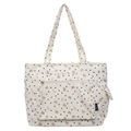 Cream corduroy tote bag featuring brown bow and heart patterns with front pocket - Off White