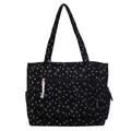 Black corduroy tote bag with white heart and bow prints featuring front zipper pocket - Black