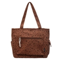 Brown corduroy tote bag featuring heart and bow patterns with a front zipper pocket - Brown
