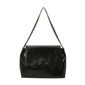 Fashionable black glossy tote bag with crinkled texture and silver chain strap - Black
