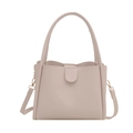 Minimalist beige PU leather tote bag with semi-circular handles and adjustable strap - White