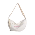 Minimalist cream crescent crossbody bag with pink FASHION text and adjustable strap - White