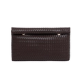 Minimalist dark brown woven leather handbag with signature gold metal rings on white background - Brown