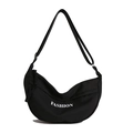 Large black crescent tote bag with fashion lettering and adjustable crossbody strap - Black