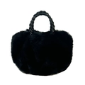 Chic black faux fur cloud bag with a chunky braided leather handle for autumn and winter - Black