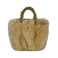 Furry camel brown tote bag with pleated plush texture and woven leather handle - Khaki