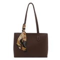 Borsa tote in pelle marrone con sciarpa di seta decorativa sul manico e design ampio - Marrone Scuro
