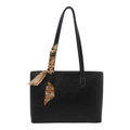 Bolso tote negro de cuero sintético con pañuelo naranja y costuras blancas en contraste - Negro