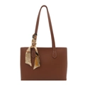 Borsa tote marrone con cuciture a contrasto bianche e foulard di seta decorativo sul manico - Cuoio