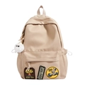 Sac à dos en nylon beige minimaliste avec broderie ours et porte-clés en peluche blanc - Avec Pendentif / Kaki
