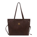 Retro deep brown tote bag with textured faux leather and gold ring hardware detail - Brown