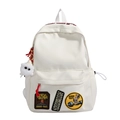 Minimalist beige student backpack with KUSHU-1981 patches and plush ball pendant - With Pendant / White