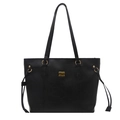 Minimalist black leather tote bag with gold logo and side drawstring decorative straps - Black