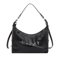 Glanzende zwarte PU-leren hobo-schoudertas met zilveren hardware en decoratieve riem - Zwart