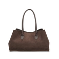 Retro deep brown suede leather tote bag with elegant teardrop strap details on white background - Brown