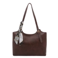 Classic brown tote bag with oily texture finish and silk scarf on single shoulder strap - Dark Brown